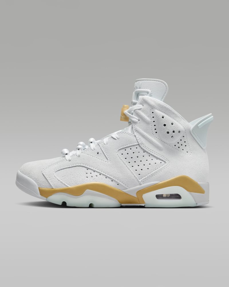 Air Jordan 6 Retro „Pearl" Pure Platinum/Metallic Gold/Kokosmilch/Gletscherblau